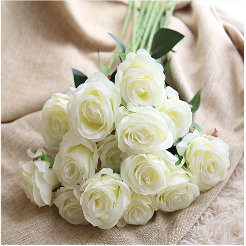 Amzali Artificial Flowers, Real Looking Blush Fake Rose Long Stem Silk Artificial Rose Flowers Home Decor for Bridal Wedding Bouquet, Centerpieces Birthday Flower Party Garden floral Arrangement White - Image 4